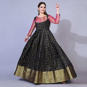 Black Floral Woven Jacquard Anarkali Style Gown - Peachmode