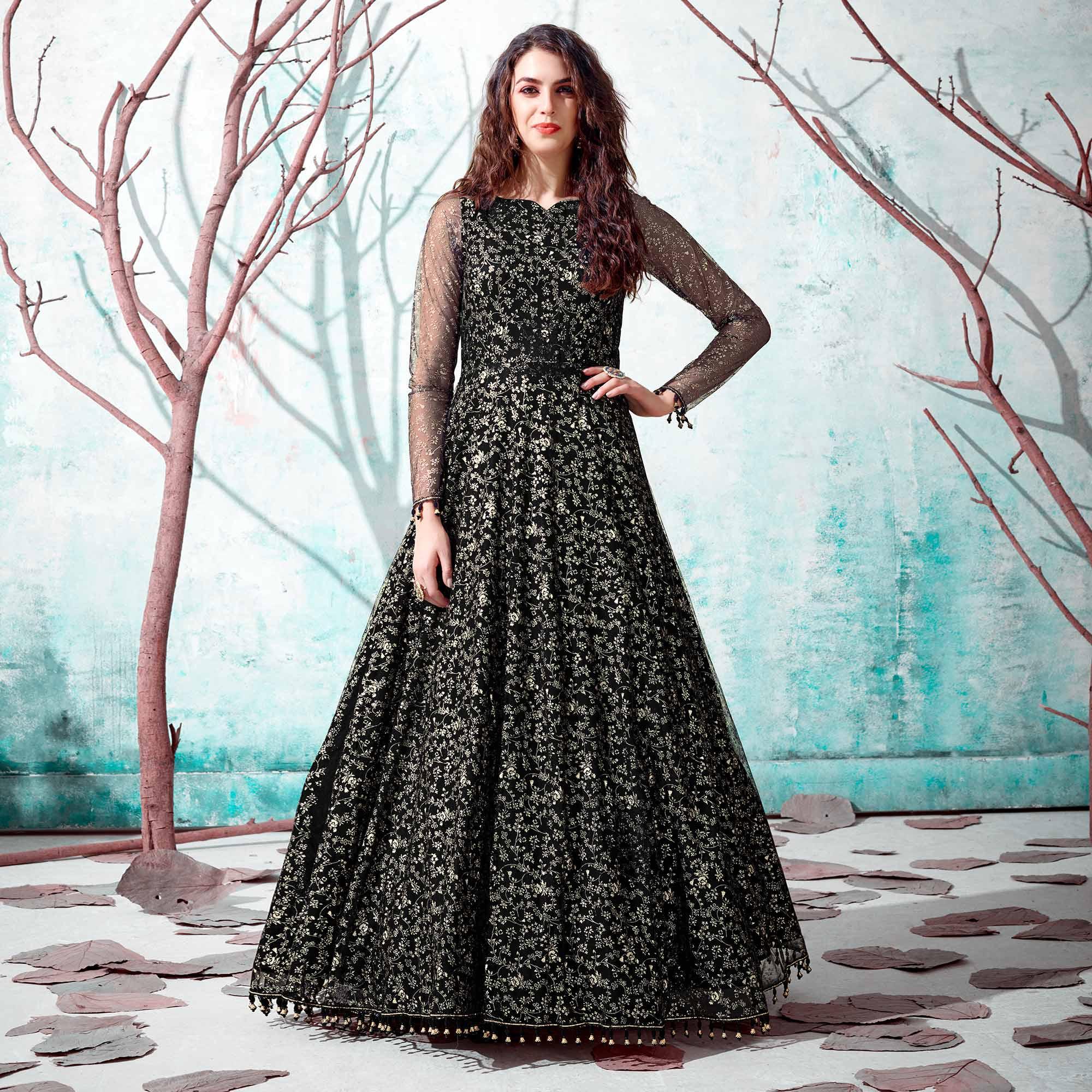 Black Foil Printed Netted Gown - Peachmode