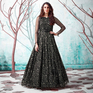 Black Foil Printed Netted Gown - Peachmode