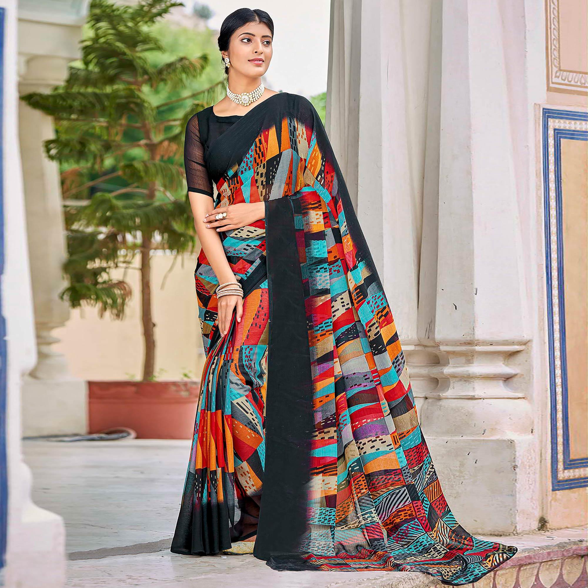 Black Geometric Printed Chiffon Saree - Peachmode