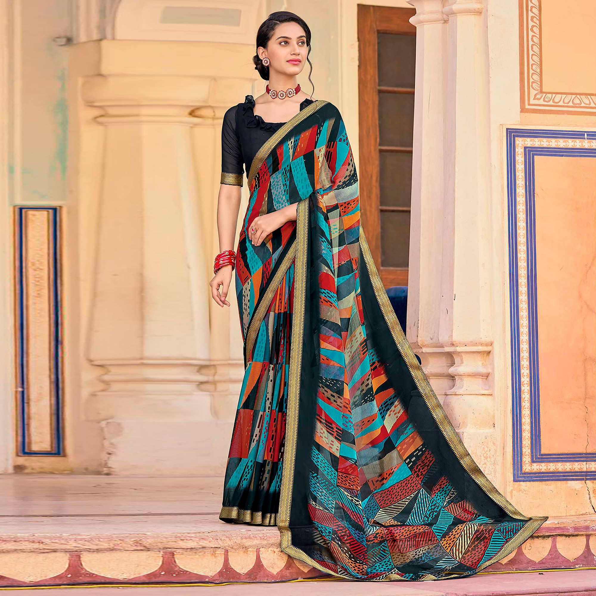 Black Geometric Printed Chiffon Saree - Peachmode