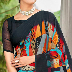 Black Geometric Printed Chiffon Saree - Peachmode