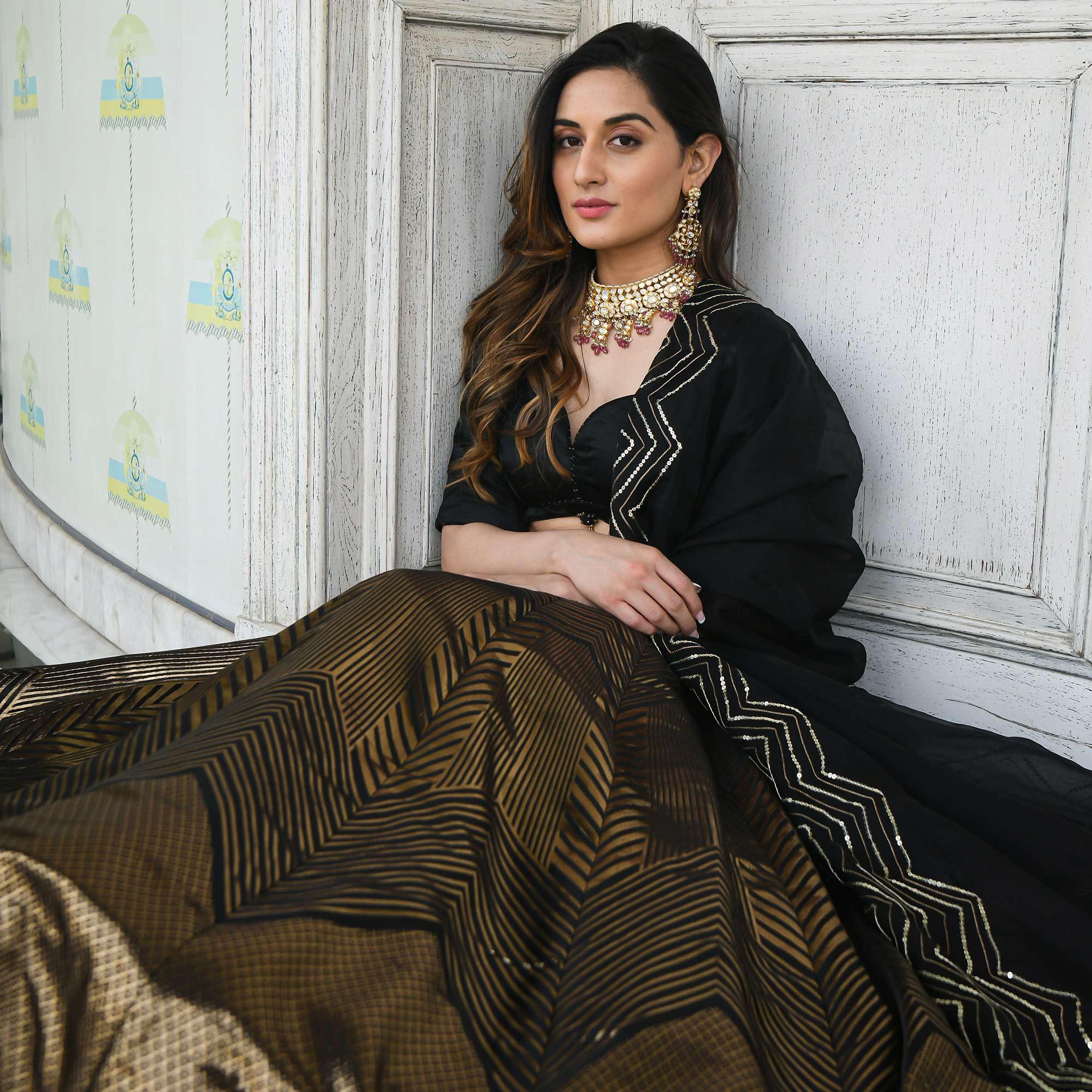 Black-Gold Partywear Woven Zari Banarasi Jacquard Lehenga Choli - Peachmode