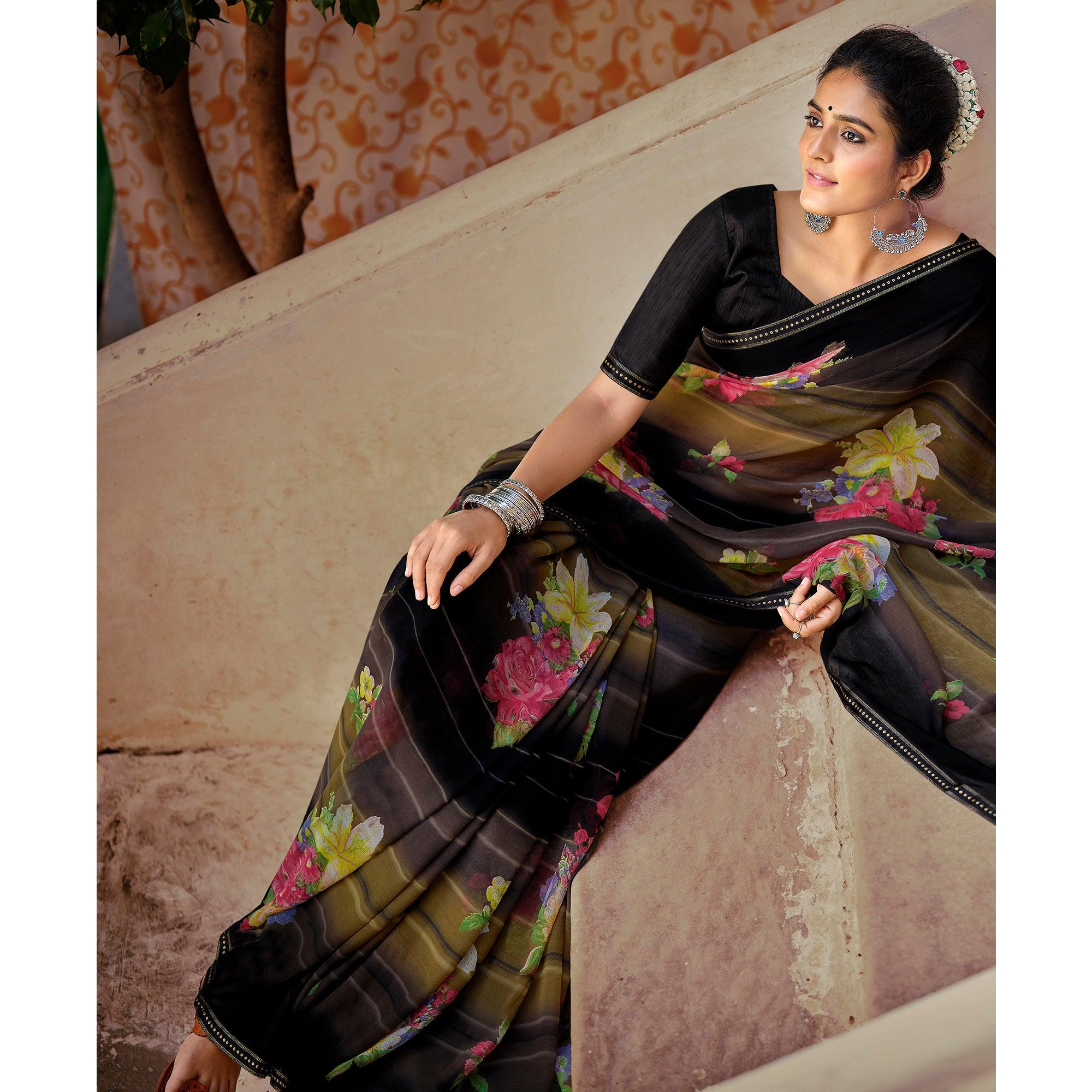 Black-Green Casual Wear Floral Printed Chiffon Saree With Fancy Blouse - Peachmode