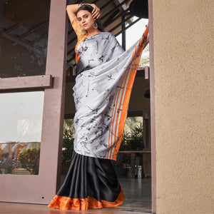 Black-Grey Casual Wear Printed Satin Silk Saree - Peachmode