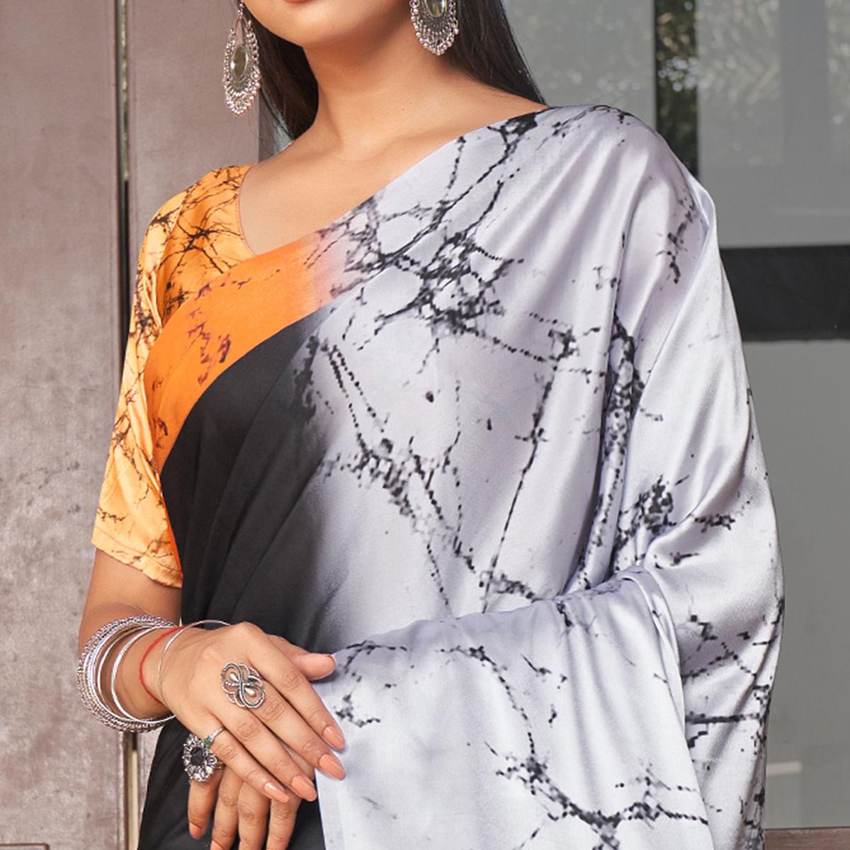 Black-Grey Casual Wear Printed Satin Silk Saree - Peachmode