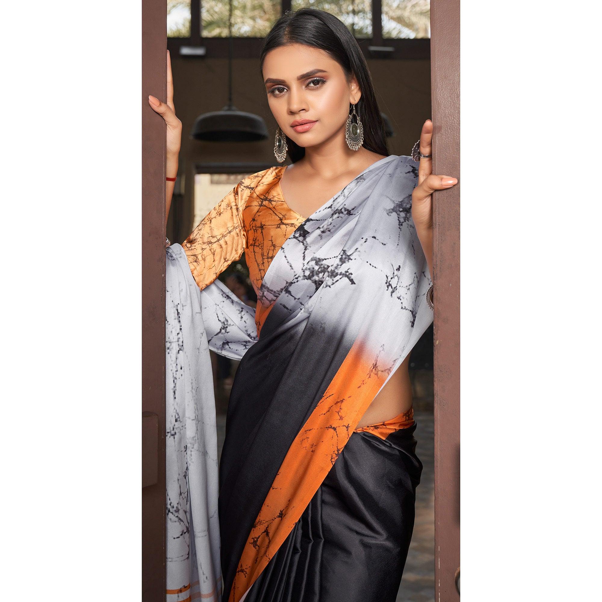 Black-Grey Casual Wear Printed Satin Silk Saree - Peachmode