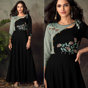 Black-Grey Floral Embroidered Rayon Kurti - Peachmode