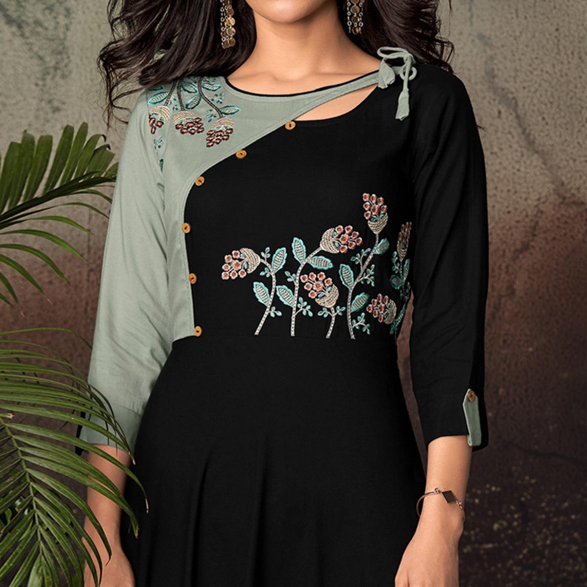 Black-Grey Floral Embroidered Rayon Kurti - Peachmode