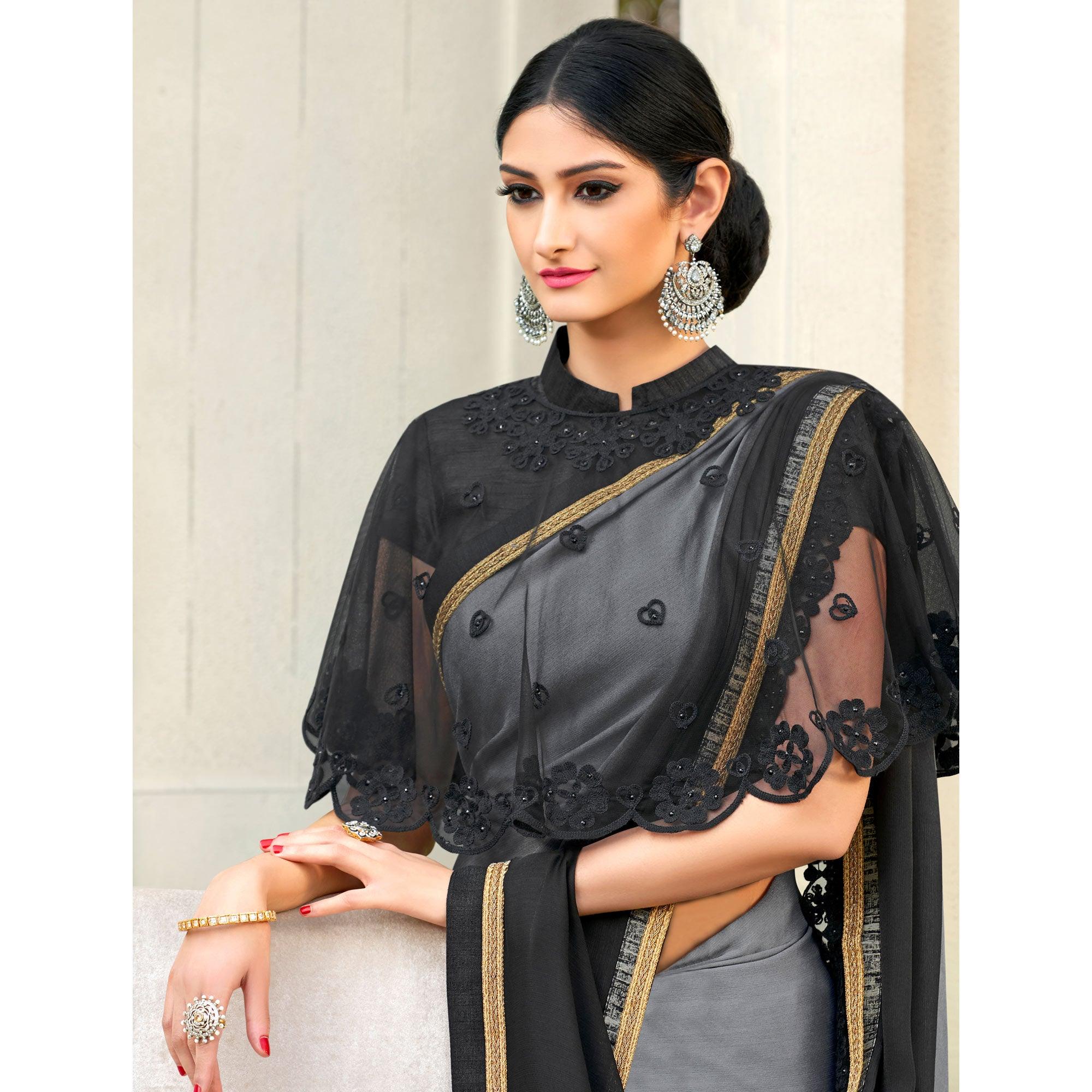 Black-Grey Partywear Designer Embroidery Lace Border Cadbury Chiffon Saree - Peachmode