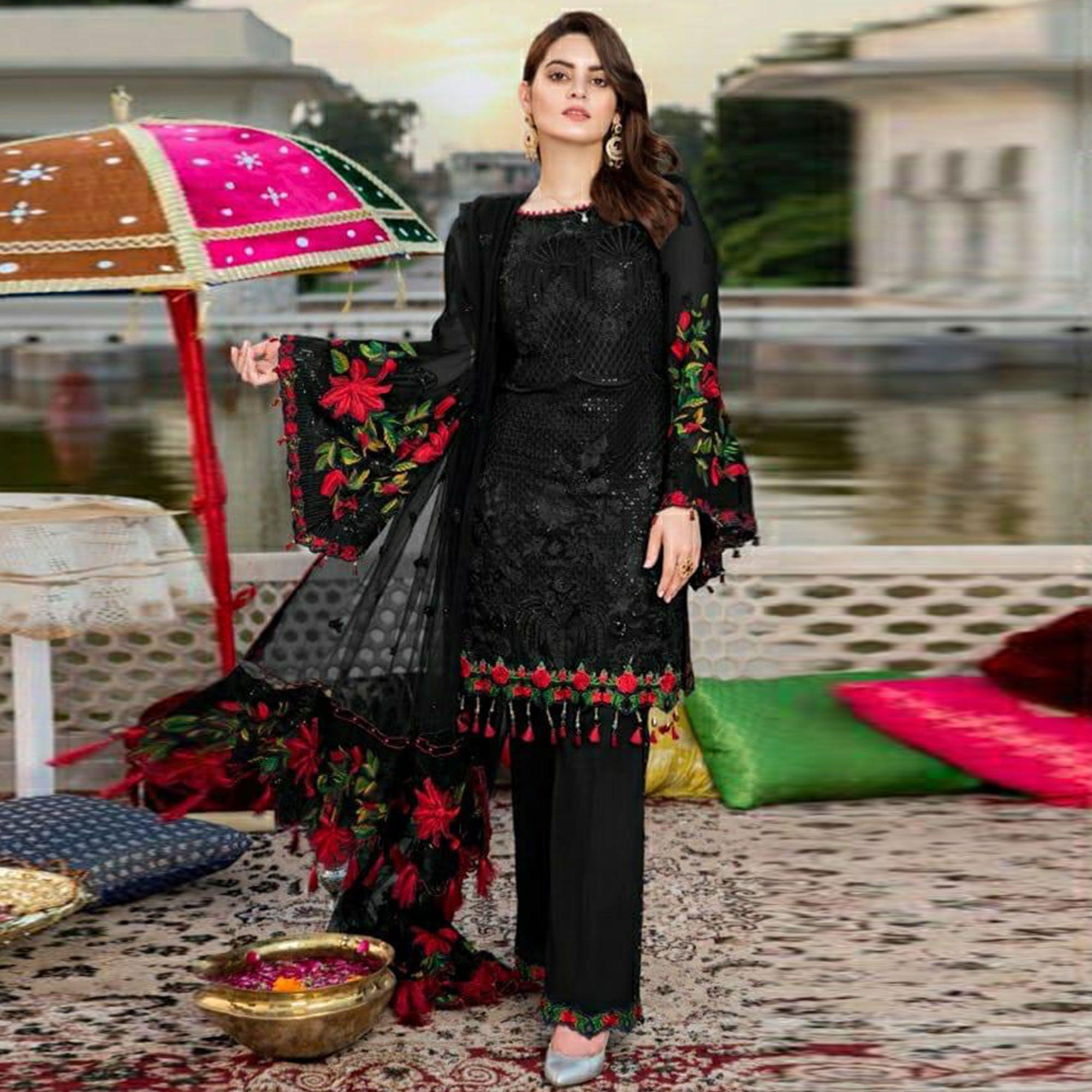 Black Heavy Floral Embroidery Work Georgette Partywear Suit - Peachmode