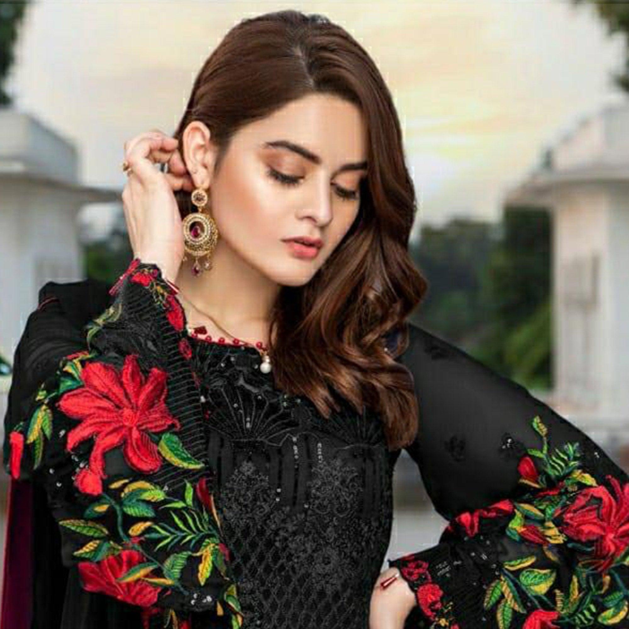 Black Heavy Floral Embroidery Work Georgette Partywear Suit - Peachmode