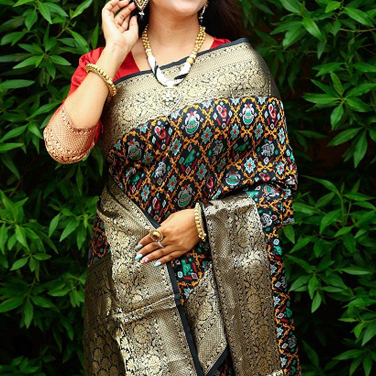 Black Ikkat Printed Art Silk Saree - Peachmode