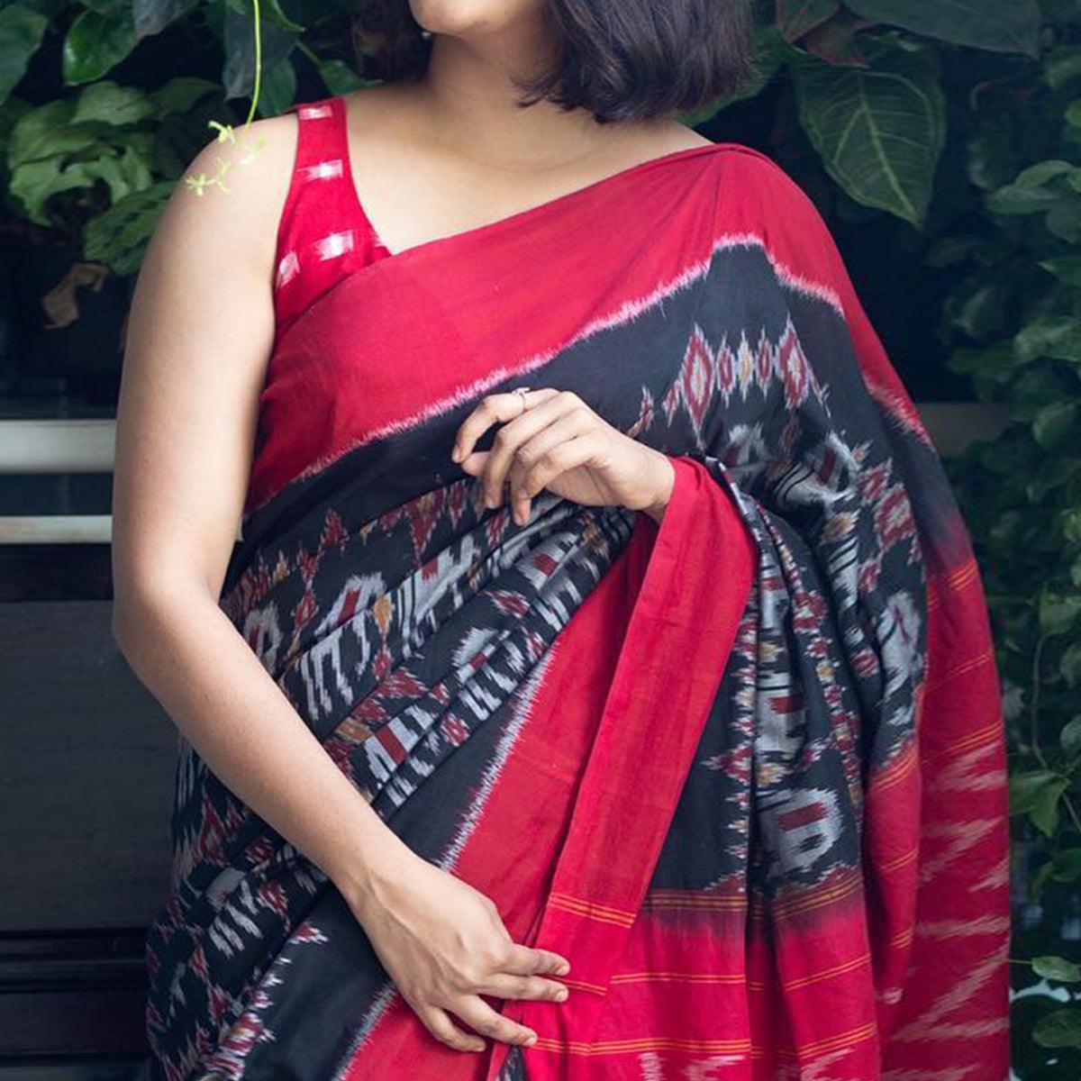 Black Ikkat Printed Linen Saree - Peachmode