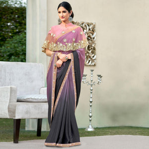 Black-Lavender Partywear Designer Embroidery Lace Border Cadbury Chiffon Saree - Peachmode
