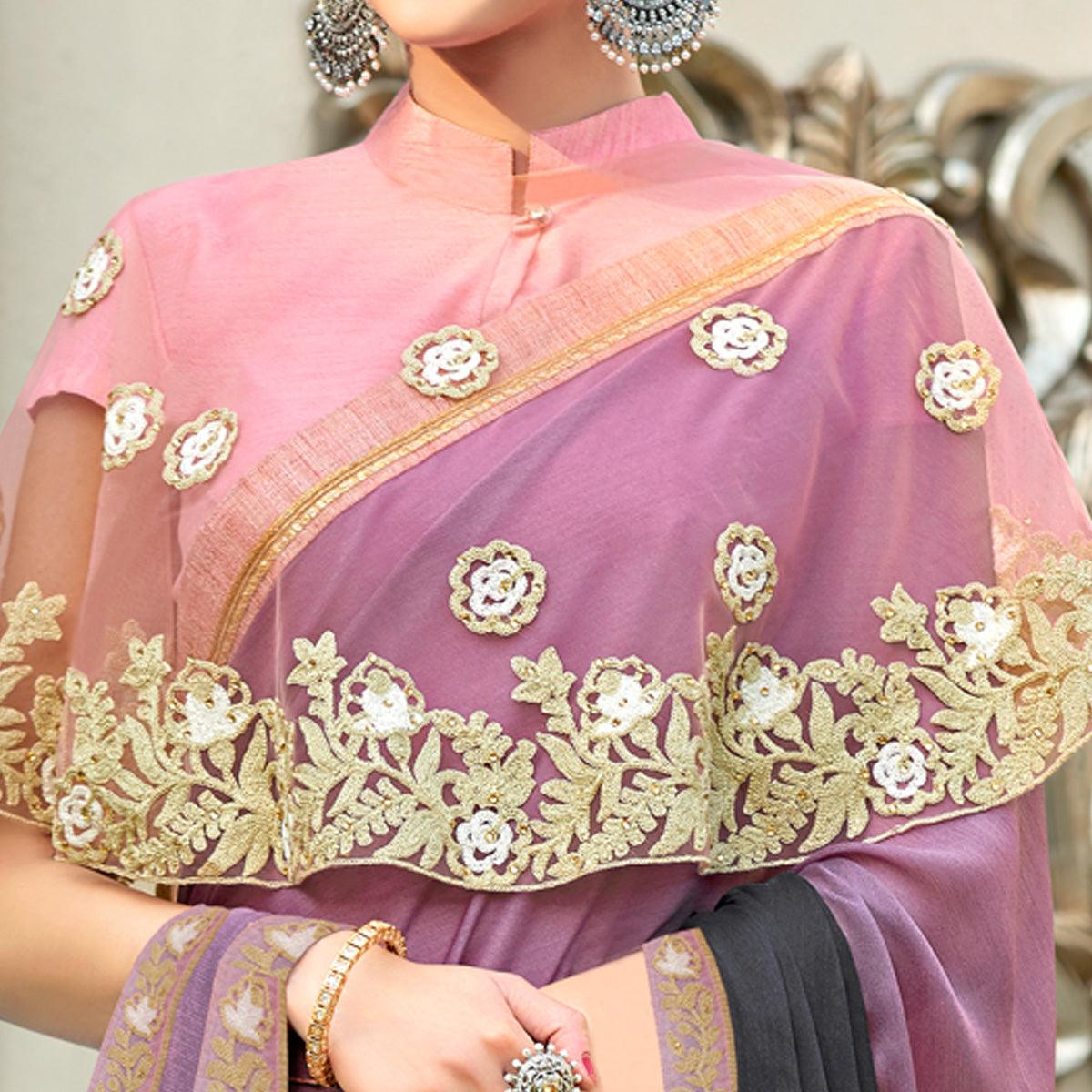 Black-Lavender Partywear Designer Embroidery Lace Border Cadbury Chiffon Saree - Peachmode