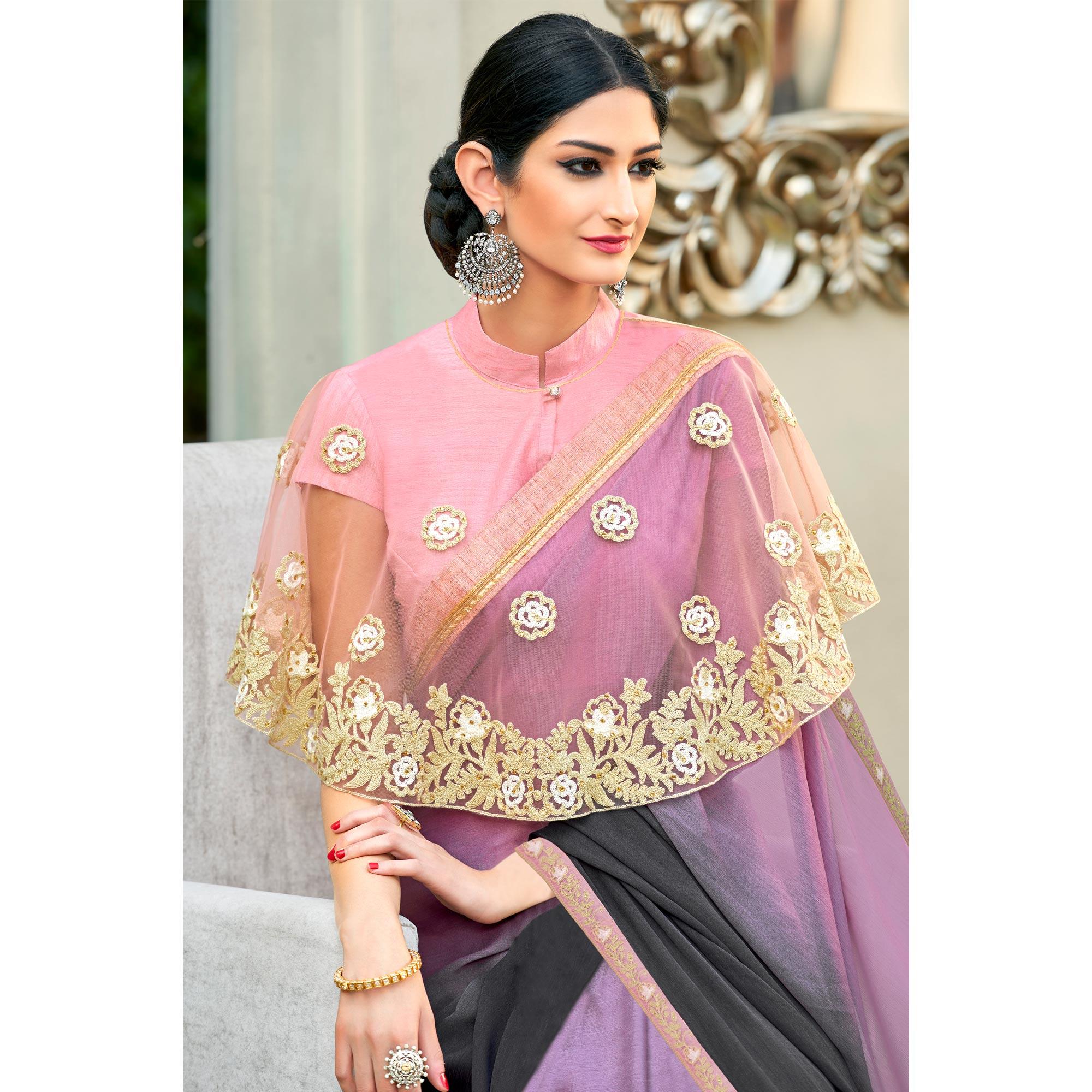 Black-Lavender Partywear Designer Embroidery Lace Border Cadbury Chiffon Saree - Peachmode