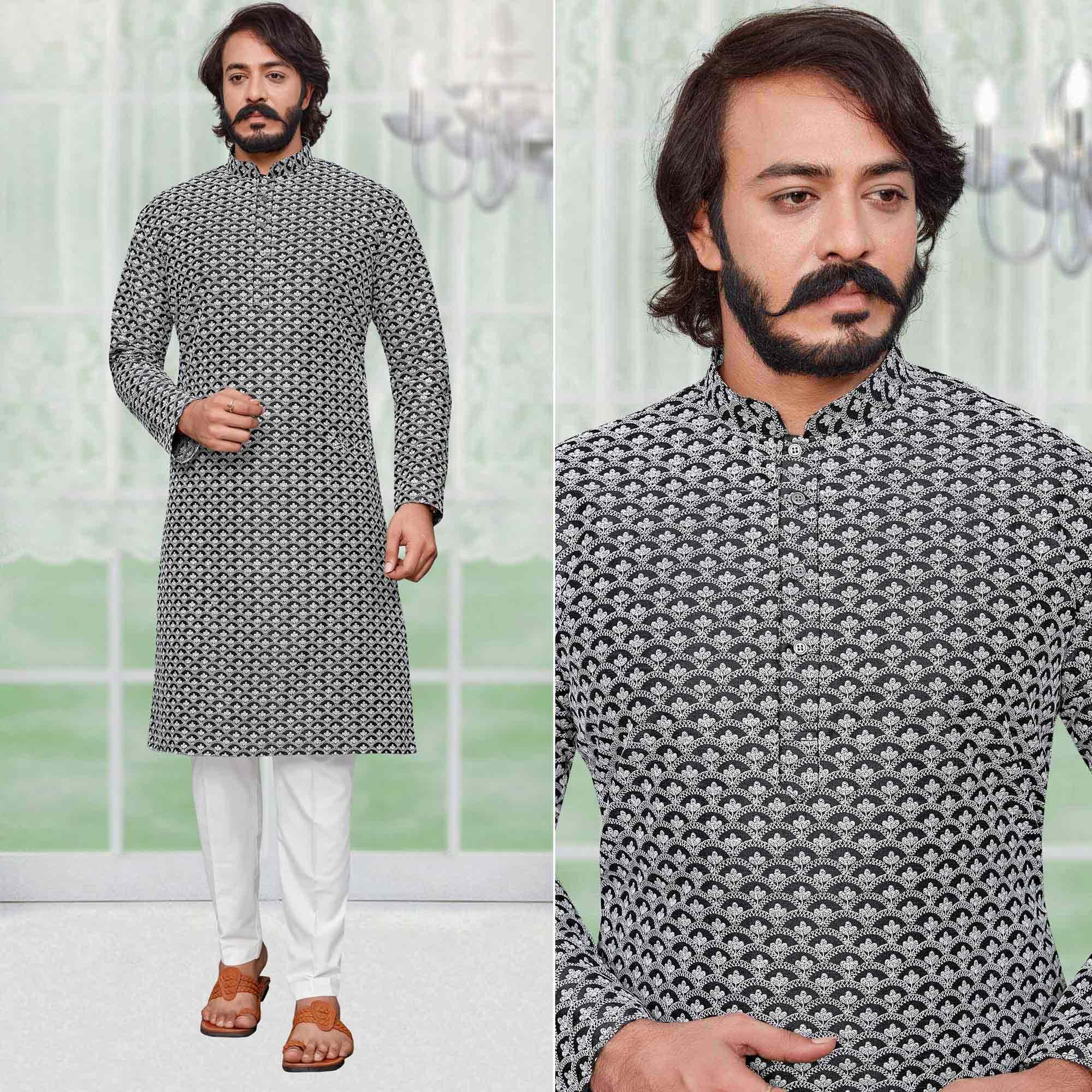 Black Lucknowi Work Art Silk Kurta Pyjama Set - Peachmode