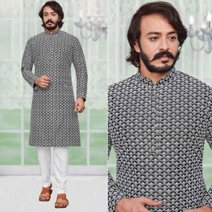 Black Lucknowi Work Art Silk Kurta Pyjama Set - Peachmode