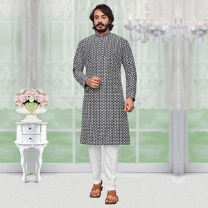 Black Lucknowi Work Art Silk Kurta Pyjama Set - Peachmode