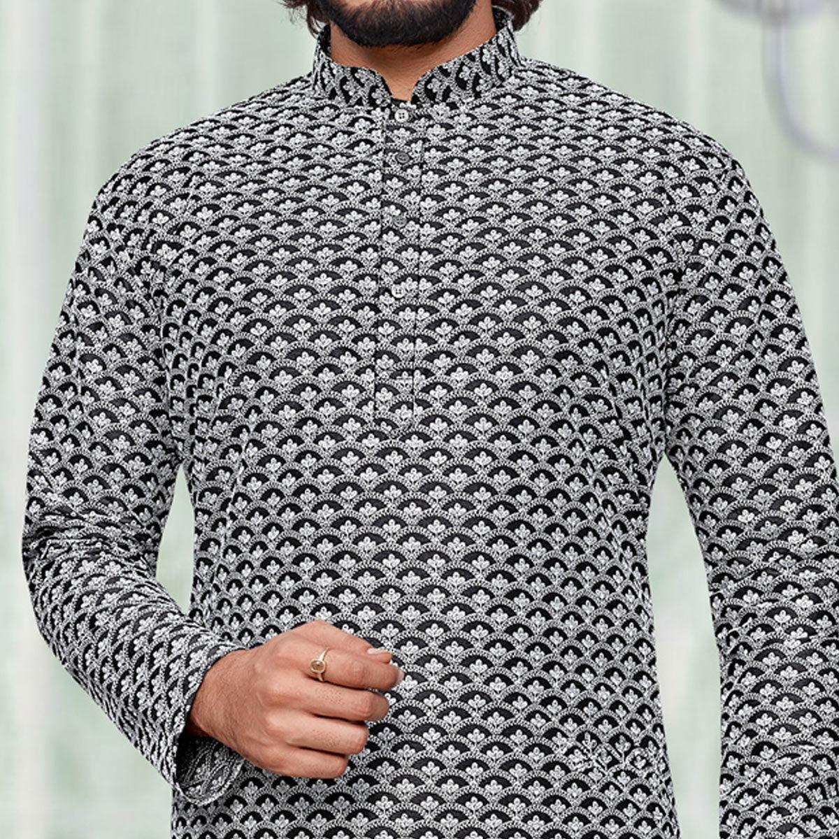 Black Lucknowi Work Art Silk Kurta Pyjama Set - Peachmode