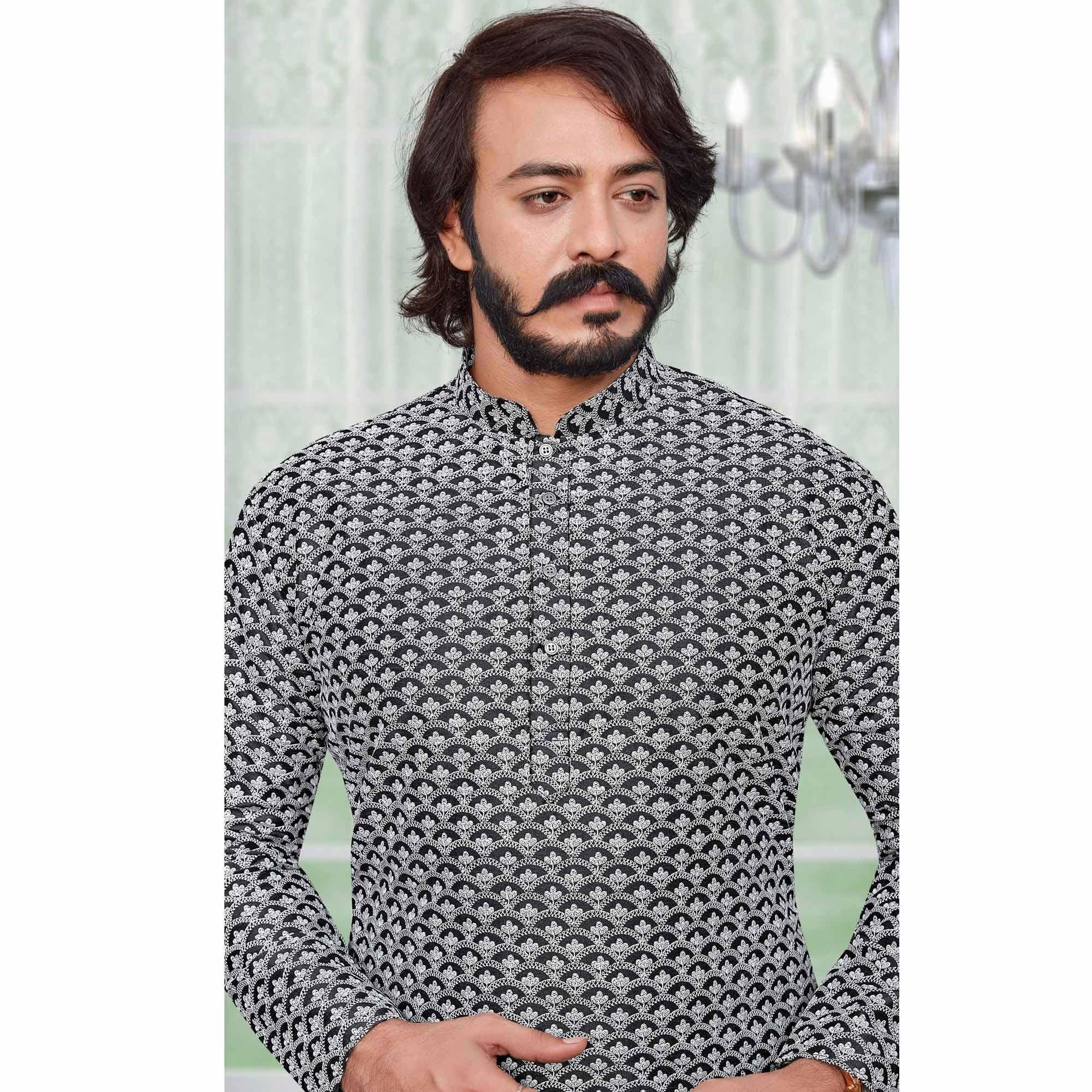 Black Lucknowi Work Art Silk Kurta Pyjama Set - Peachmode