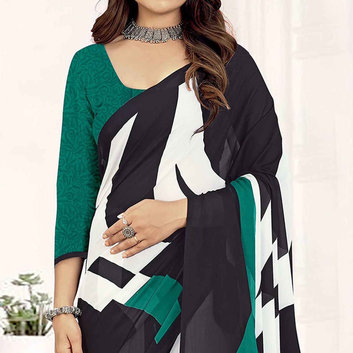 Black-Morpich Geometric Printed Georgette Saree - Peachmode