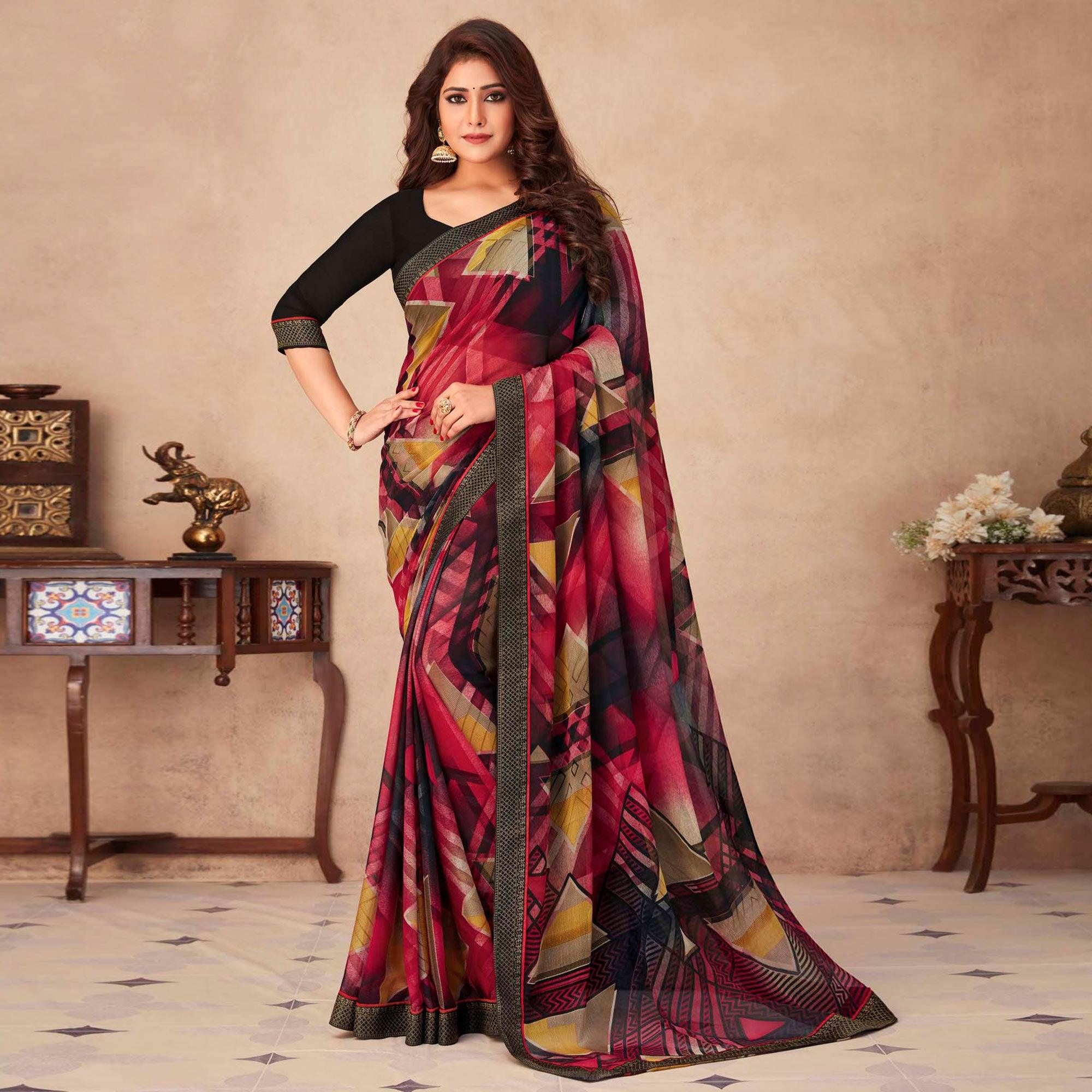Black-Multicolored Geometric Printed Chiffon Saree - Peachmode