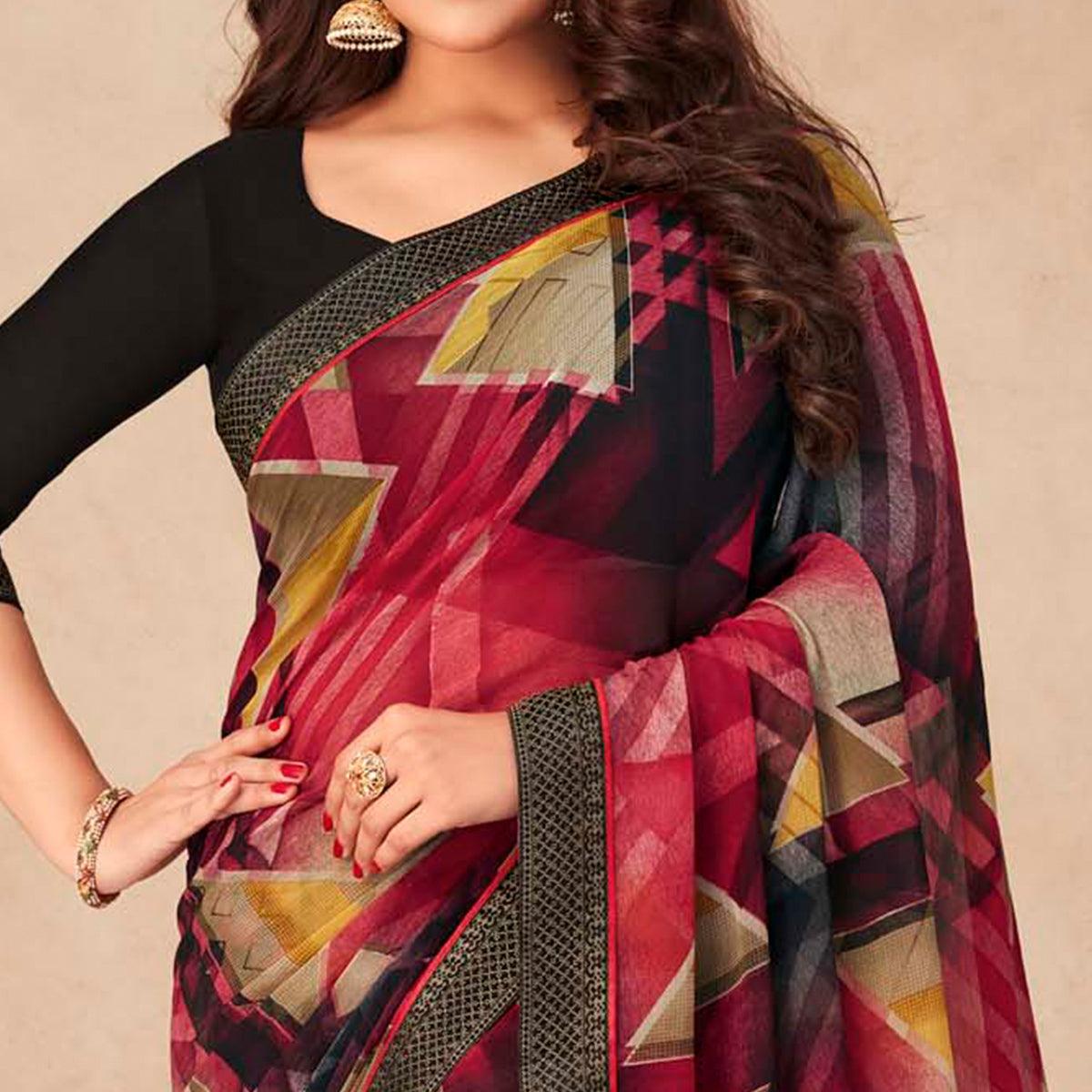 Black-Multicolored Geometric Printed Chiffon Saree - Peachmode