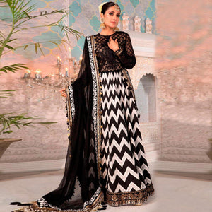 Black - Offwhite Partywear Digital Printed Heavy Georgette Pakistani Style Suit - Peachmode