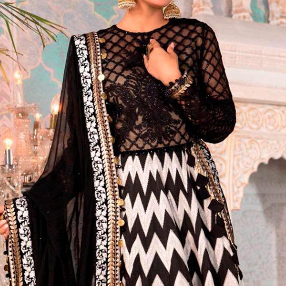 Black - Offwhite Partywear Digital Printed Heavy Georgette Pakistani Style Suit - Peachmode