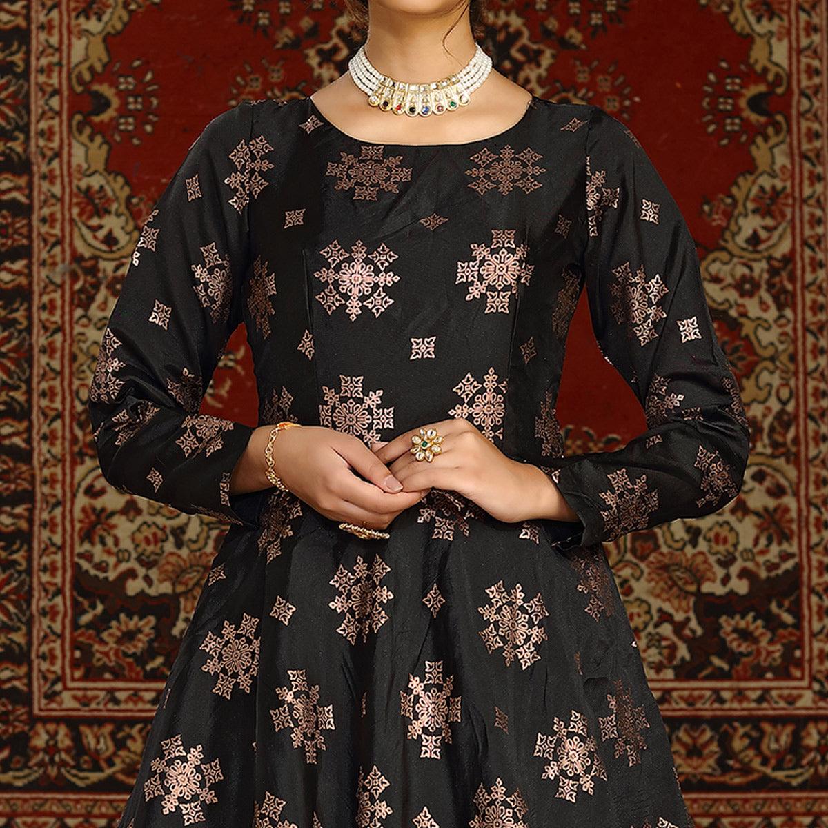 Black Party Wear Designer Metalic Foil Printed Work Taffeta Gown - Peachmode