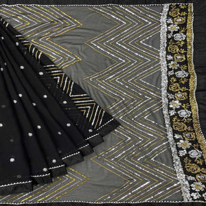 Black Party Wear Embellished Georgette Saree - Peachmode