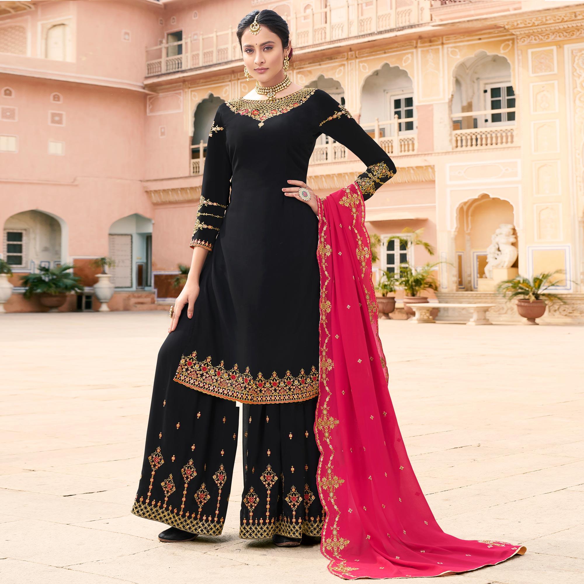 Black Party Wear Embroidery Soft Georgette Palazzo Suit - Peachmode