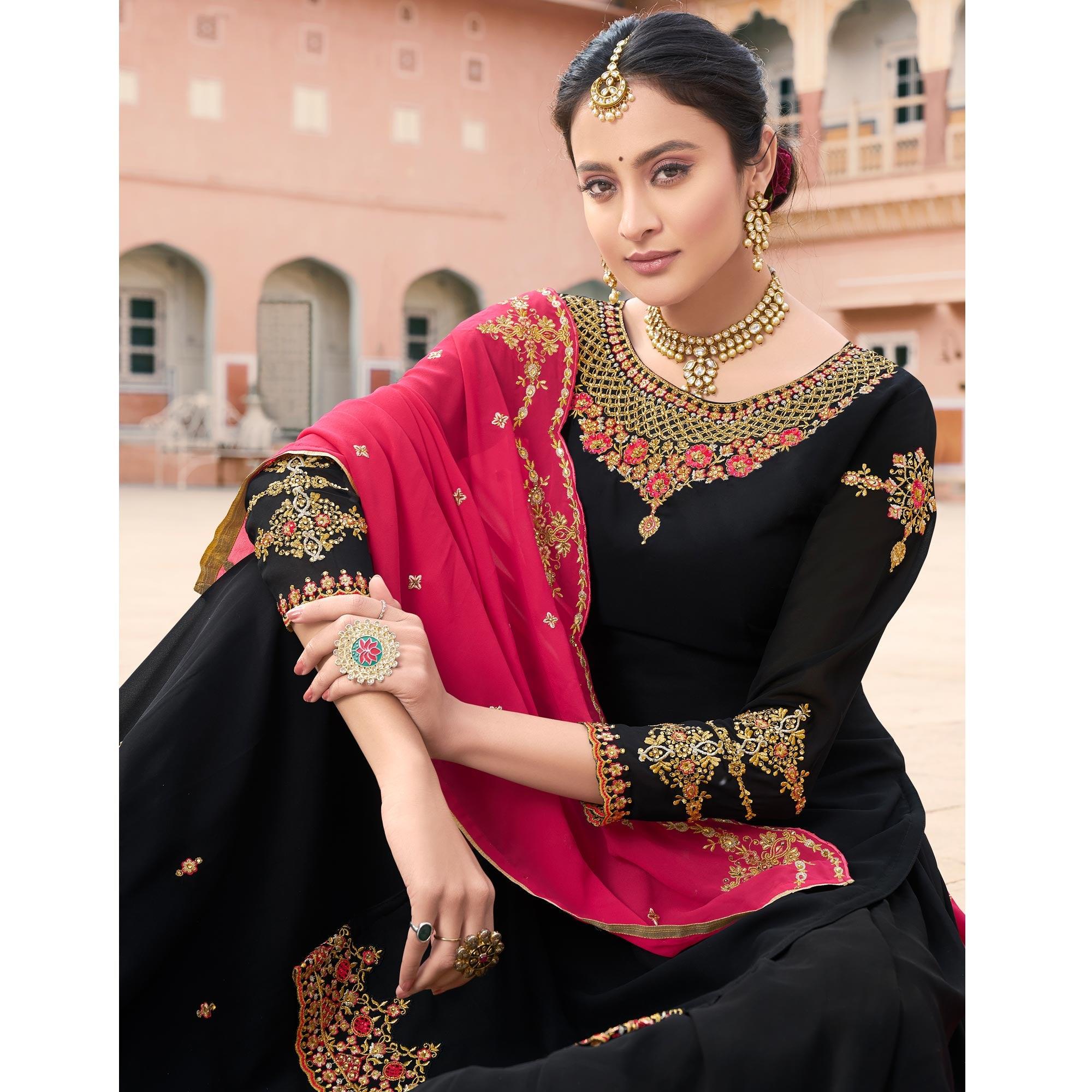 Black Party Wear Embroidery Soft Georgette Palazzo Suit - Peachmode
