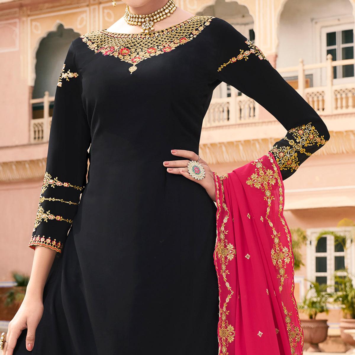 Black Party Wear Embroidery Soft Georgette Palazzo Suit - Peachmode