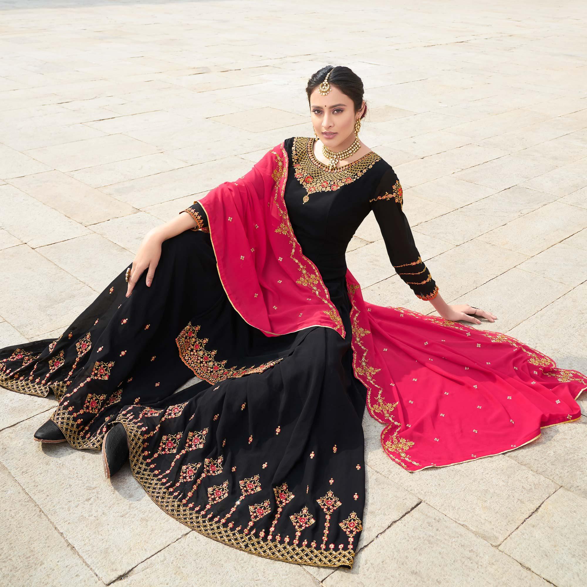 Black Party Wear Embroidery Soft Georgette Palazzo Suit - Peachmode