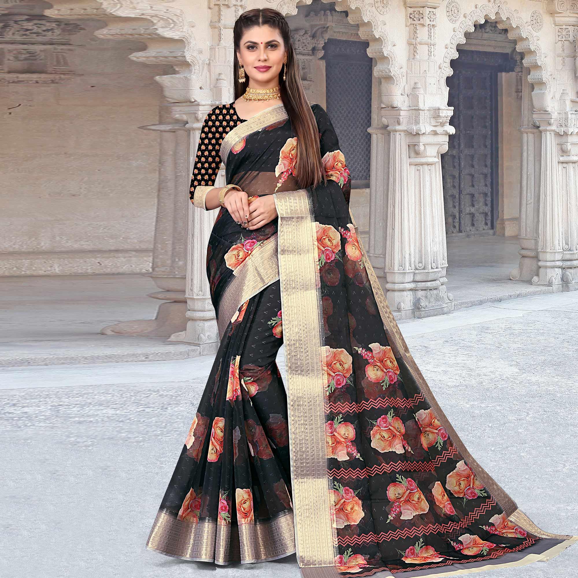 Black Party Wear Floral Digital Printed With Jacquard Border Soft Georgette Saree - Peachmode