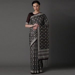 Black Party Wear Satin Printed Saree With Unstitched Blouse - Peachmode