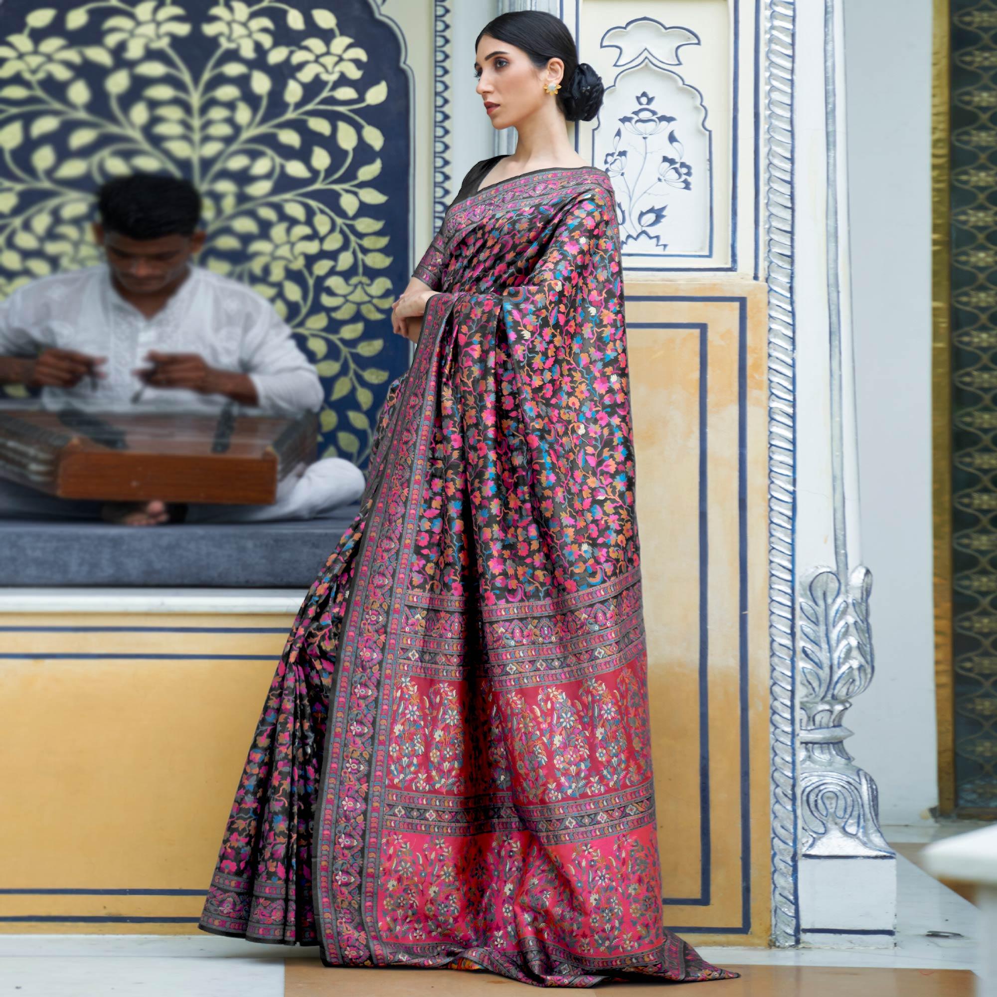 Black Party Wear Woven Chanderi Saree - Peachmode