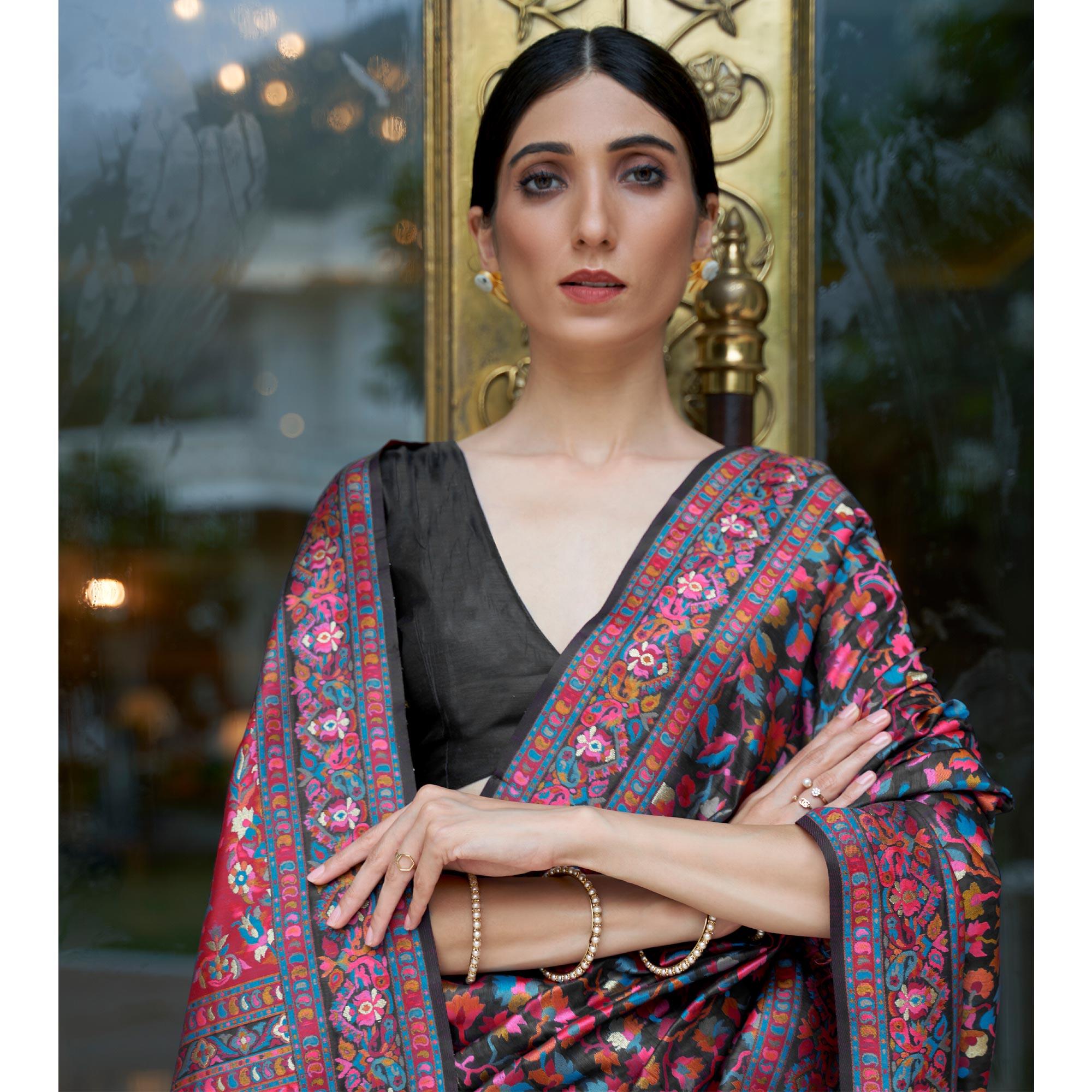 Black Party Wear Woven Chanderi Saree - Peachmode