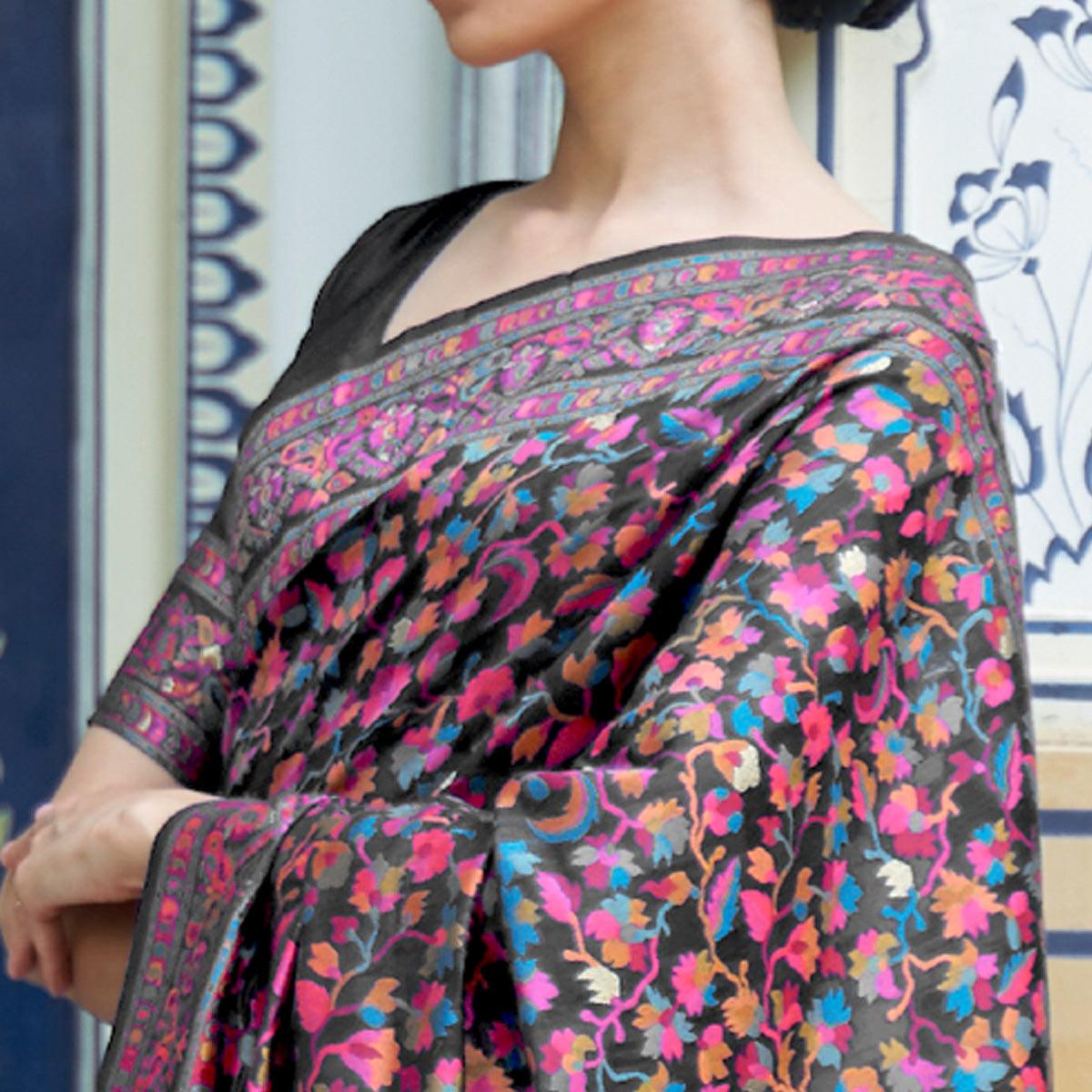 Black Party Wear Woven Chanderi Saree - Peachmode