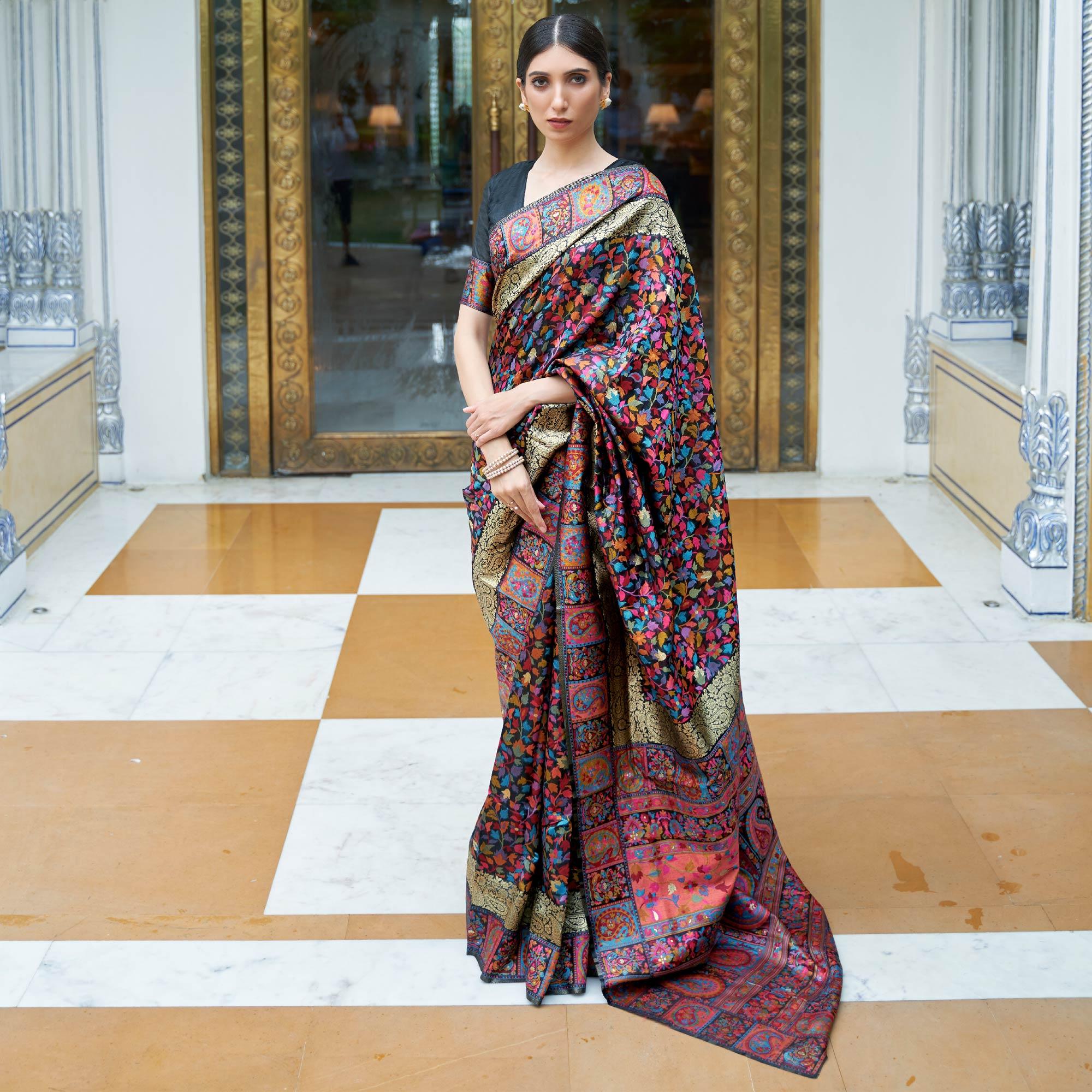 Black Party Wear Woven Chanderi Silk Saree - Peachmode