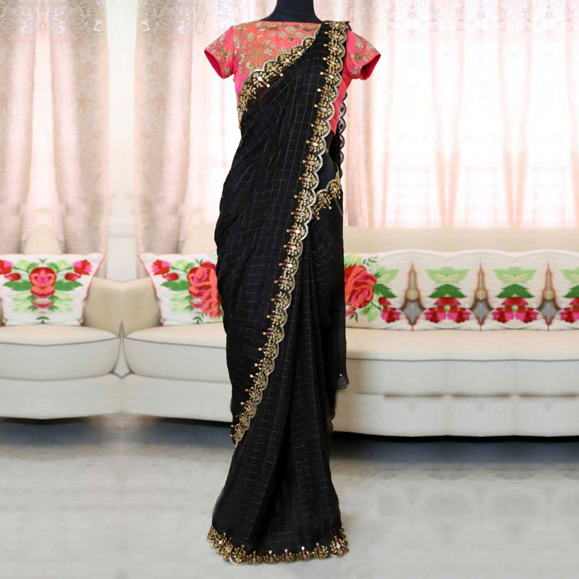 Black Partywear Checks With Embroidered Lace & Diamond Jacquard-Cotton Saree - Peachmode