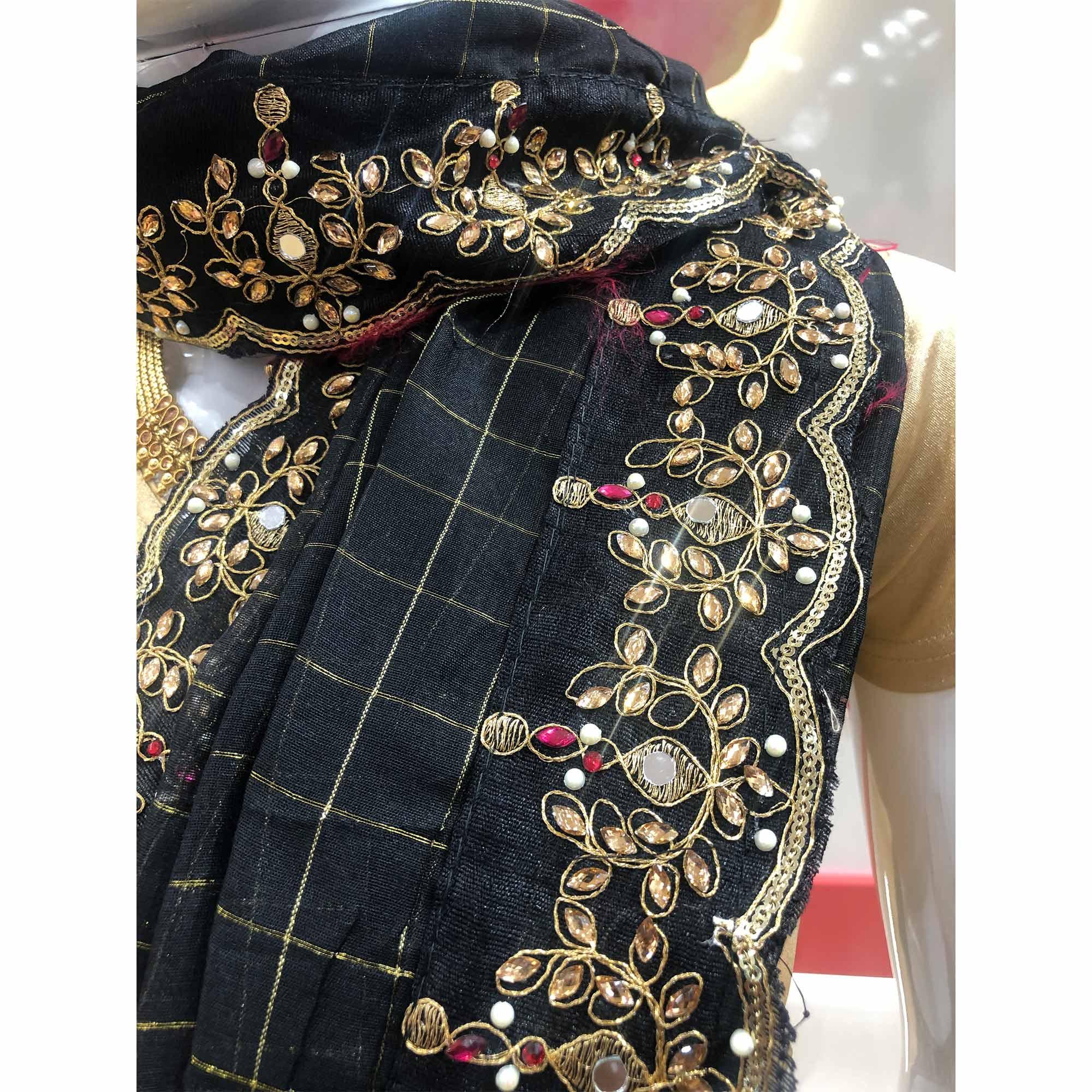 Black Partywear Checks With Embroidered Lace & Diamond Jacquard-Cotton Saree - Peachmode