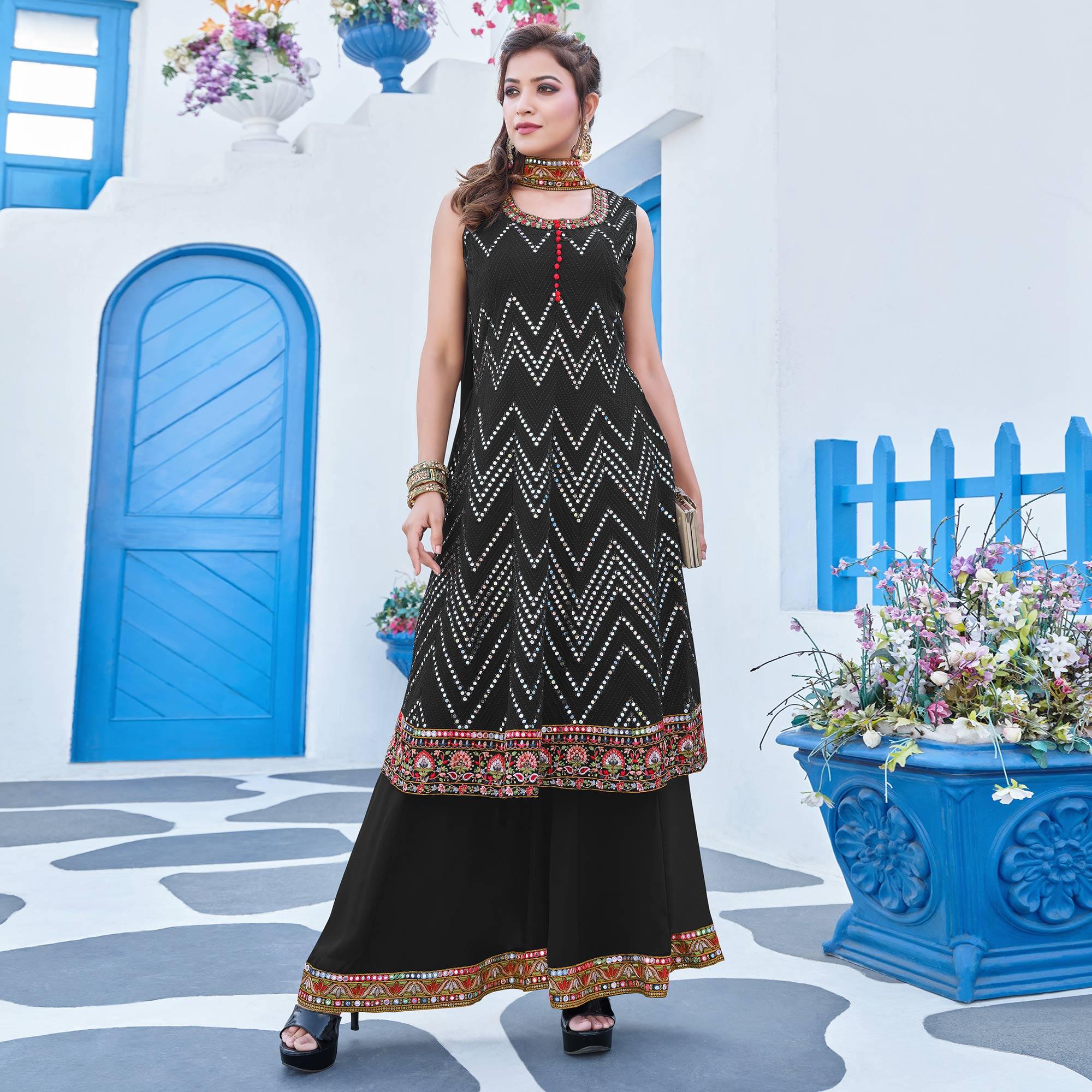 Black Partywear Designer Embroidery Georgette Palazzo Suit - Peachmode