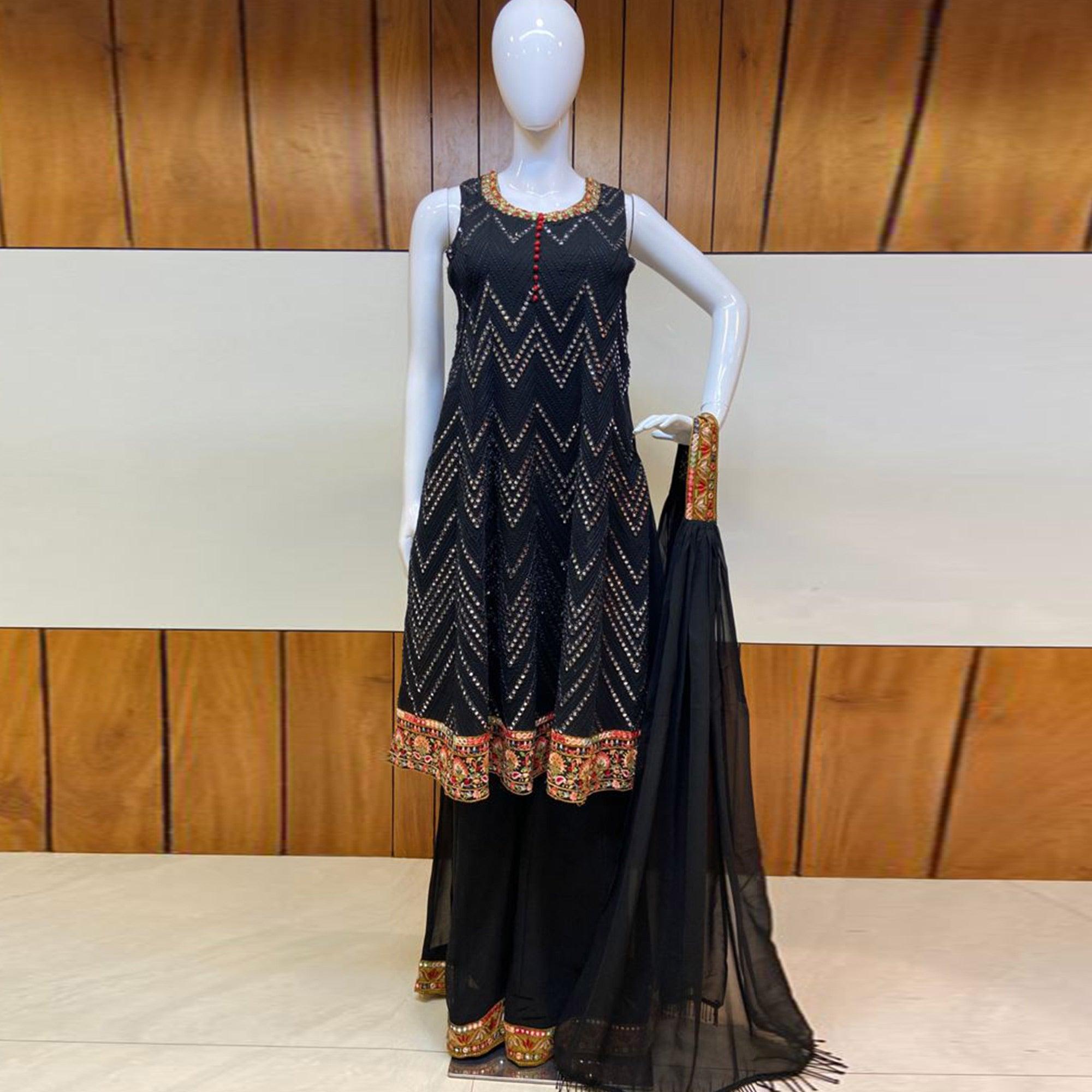 Black Partywear Designer Embroidery Georgette Palazzo Suit - Peachmode