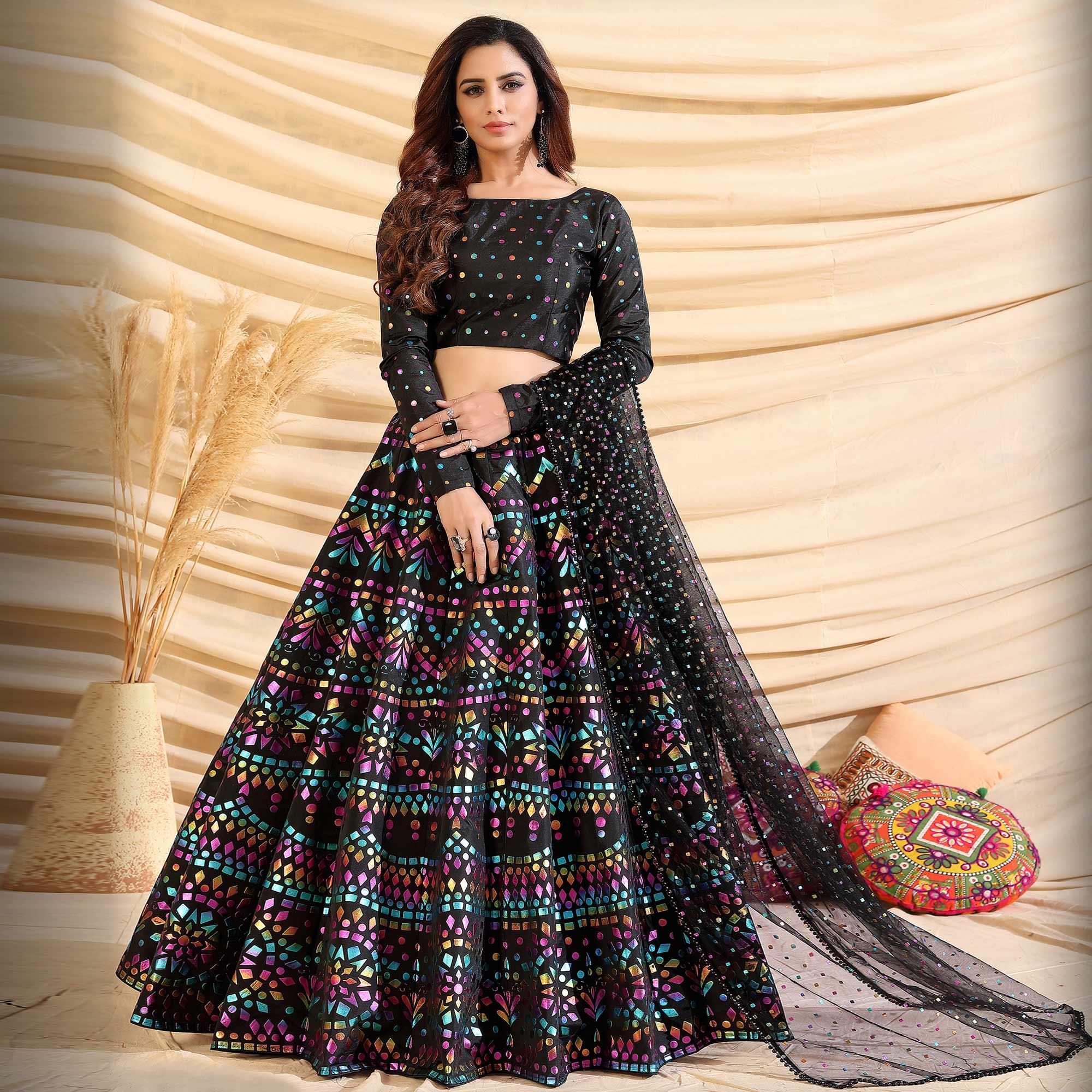 Black Partywear Designer Pigment Foil Printed Tafetta Silk Lehenga Choli - Peachmode