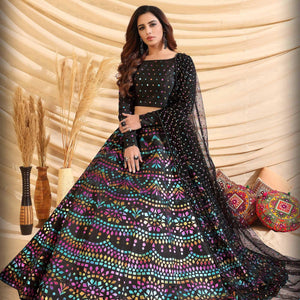 Black Partywear Designer Pigment Foil Printed Tafetta Silk Lehenga Choli - Peachmode