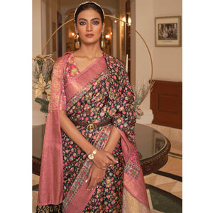 Black Partywear Digital Printed Silk Saree - Peachmode